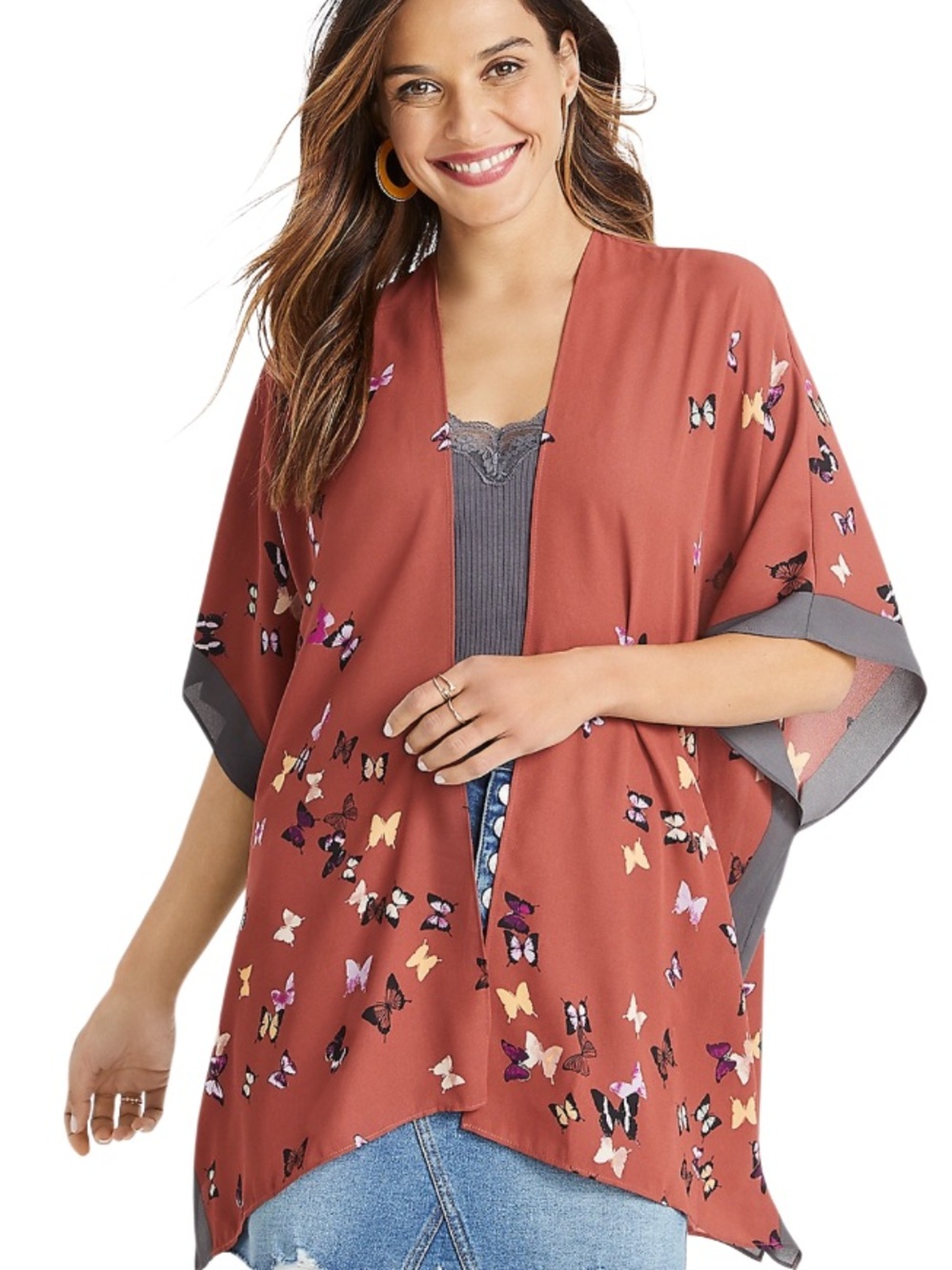 Burnt Orange Butterfly Print Open Kimono. One size. Detailed. Lightweight